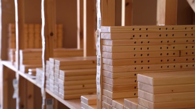 Wooden panels with dowel joints stacked on shelves in workshop