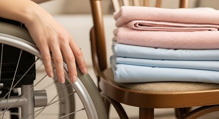 Hand of a woman in wheelchair resting on side while folded towels nearby  