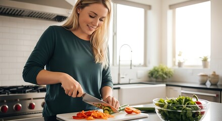Young woman chopping vegetables in modern kitchen with natural light  