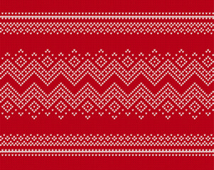 Christmas knit traditional texture. Holiday seamless pattern. Festive winter ornament. Knitted sweater print. Xmas geometric border. Fair isle background with snowflakes. Vector.