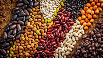 A vibrant array of legumes, showcasing a diverse palette of colors and textures, arranged in a visually appealing pattern against a rich, earthy background.