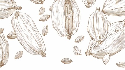 Detailed illustration of cardamom pods and seeds.