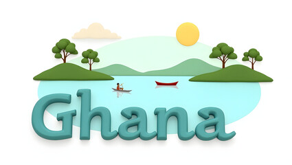 Obraz premium 3d illustration of Lake Volta with canoe and green hills, and the word 'Ghana' beneath. Calm and nature-centered travel scene.