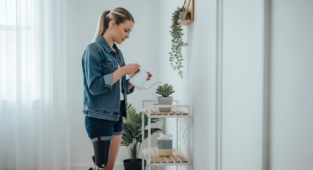 Young woman with prosthetic leg arranging plants in modern home  