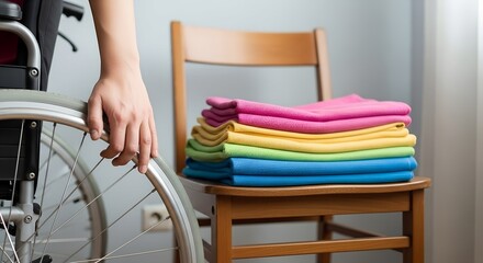 Person using wheelchair next to colorful folded towels on chair  