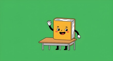 Cute Cartoon Book Mascot Waving From School Desk on Green Background