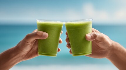 Two people are holding refreshing green smoothies in plastic cups, toasting against a backdrop of beautiful turquoise ocean and blue sky, enjoying a healthy summer detox drink