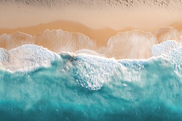 Aerial View of Ocean Waves Crashing on Sandy Beach
