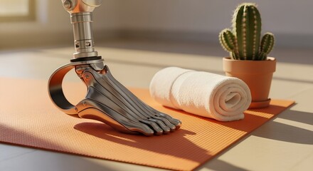 Prosthetic leg resting on yoga mat next to rolled towel and plant  