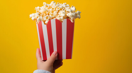 Kid hand holding popcorn bucket isolated on yellow background, copy space.