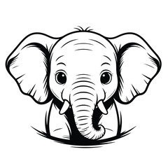 Fototapeta premium Black and white vector illustration of a baby elephant head with large eyes and tiny tusks on a clean white background
