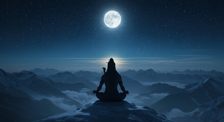 Fototapeta premium Shiva meditating on a mountaintop under a full moon