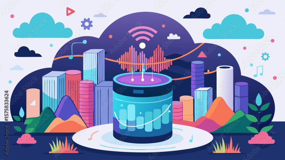 Poster a cityscape with a large glass container in the middle. the container is surrounded by buildings and