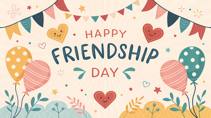 Happy friendship day greeting card with balloons and hearts vector illustration design template art