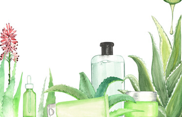 Natural Aloe Beauty Products – Organic Skincare Bottles and Creams with Fresh Leaves and Herbal Extracts..
