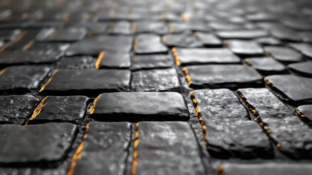 Wet cobblestone street reflecting golden light at sunset