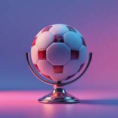 Soccer ball globe on a silver stand with red and white panels against a gradient background