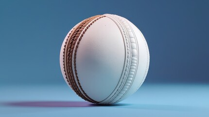 White cricket ball with brown rope stitching on blue surface studio shot sport equipment