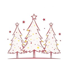 Three stylized Christmas trees, against a white background, creating a whimsical, hand-drawn aesthetic. Christmas card or a simple graphic design element. Flat design, cartoonish, line art, outline