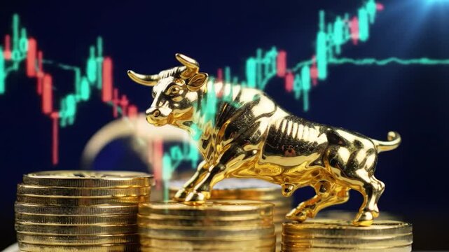 Golden bull figurine on stacks of coins against a stock market graph backdrop.