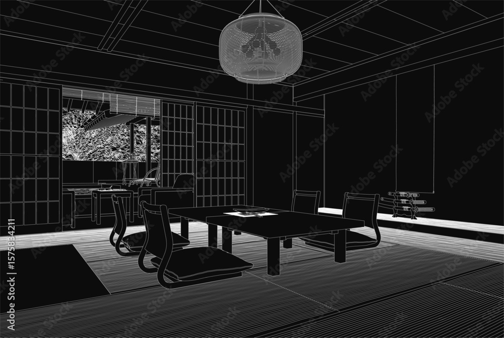 Poster a black and white drawing of a dining room features a wooden table surrounded by chairs, with a chan