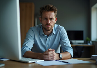man sitting at table with work, man with tired face in the office environment/office background