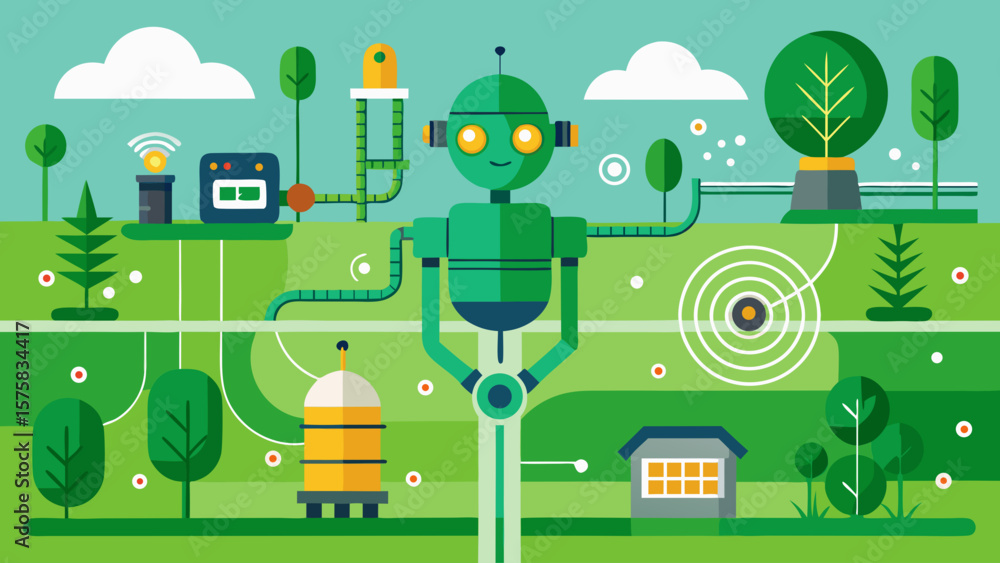 Poster a robot is standing in a field with a house in the background. the robot is surrounded by various ob