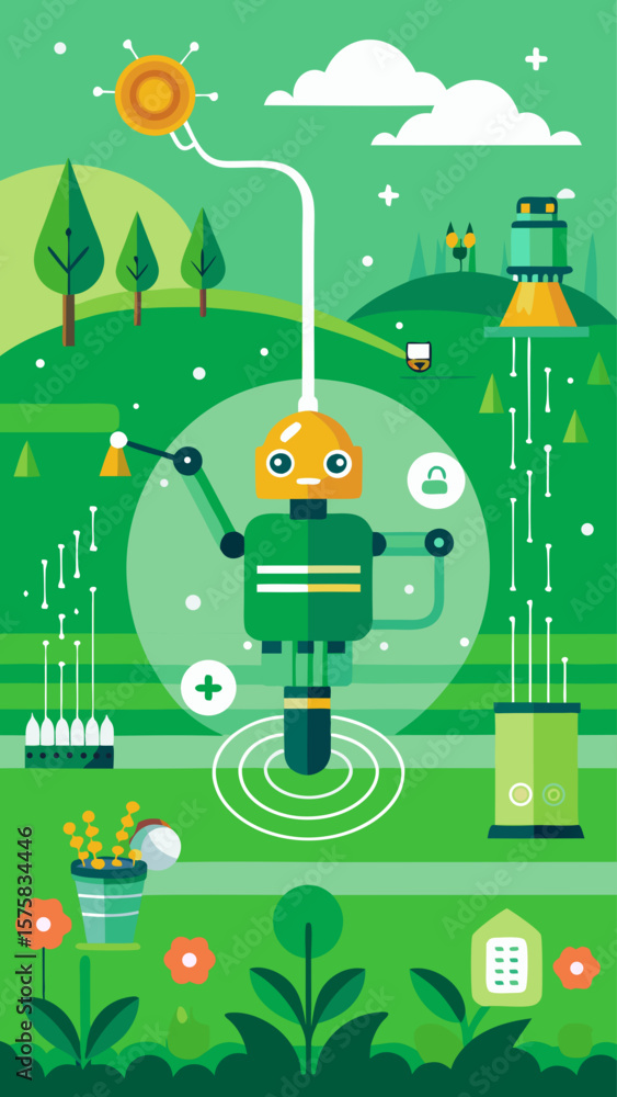 Poster a robot is standing in a field with a house in the background. the robot is surrounded by various ob