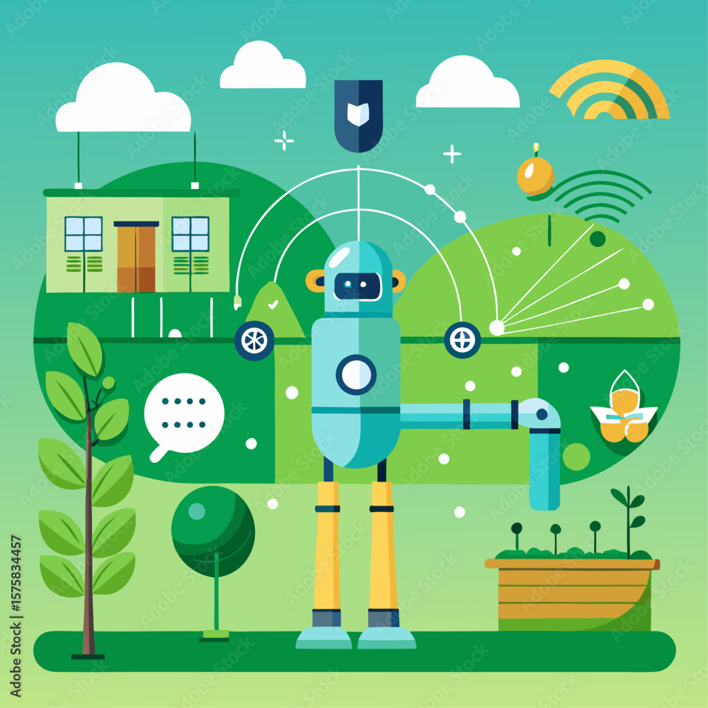 Poster a robot is standing in a field with a house in the background. the robot is surrounded by various ob