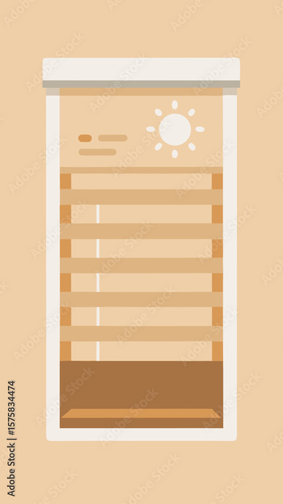 Poster a window with a sun shining through it. the window is white and has a yellow stripe