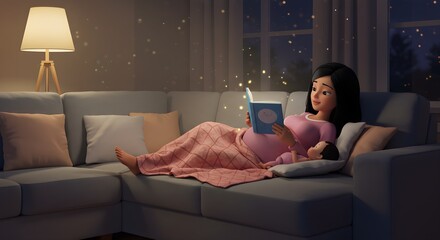 Loving Mother Reading Magical Story to Baby on Cozy Sofa at Night
