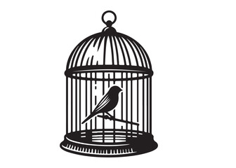 bird in a cage logo design silhouette vectors illustration, bird in a cage silhouette vector logo, silhouette birdcage vector logo, vintage black birdcage logo silhouettes vector on a white background