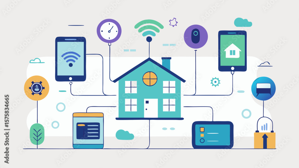 Poster a house with many devices and gadgets connected to it. the house is surrounded by a web of wires and