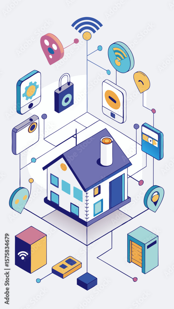 Poster a house with many devices and gadgets connected to it. the house is surrounded by a web of wires and
