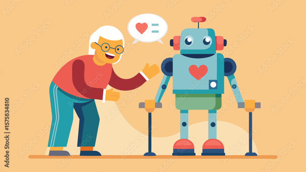Poster a robot with a heart on its chest is being held by an elderly person. the robot is smiling and the e