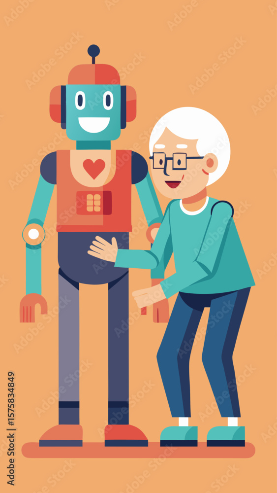Poster a robot with a heart on its chest is being held by an elderly person. the robot is smiling and the e