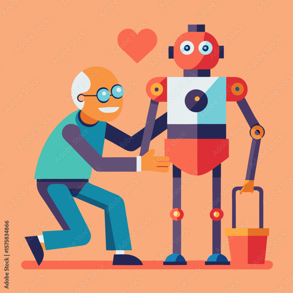 Poster a robot with a heart on its chest is being held by an elderly person. the robot is smiling and the e