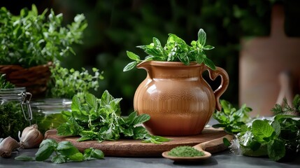 Vibrant Pot of Fresh Herbs on Rustic Wooden Table Evoking Natural Freshness