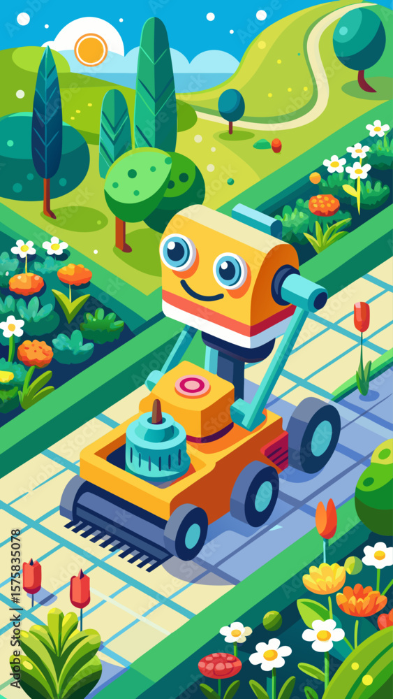 Poster a robot is mowing the lawn. the robot is smiling and he is enjoying the task. the lawn is lush and g