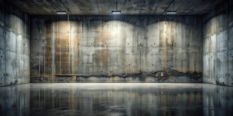 Naklejka premium Empty Industrial Room with Weathered Concrete Walls and Polished Floor Under Artificial Lighting