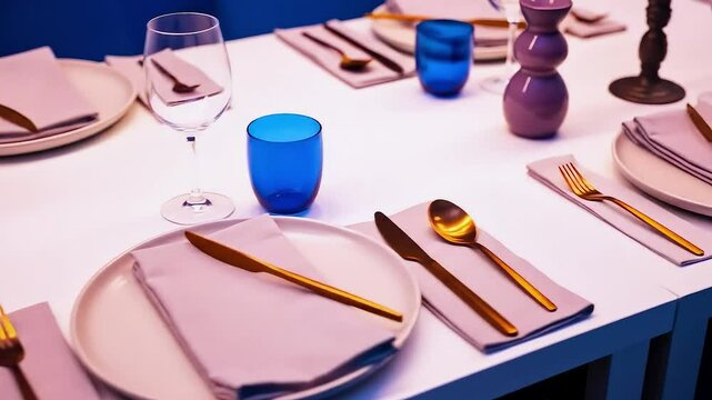 Elegant table setting with silverware and blue glassware
