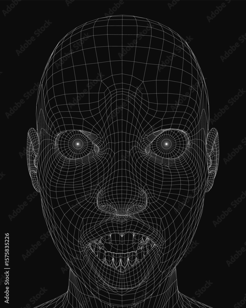 Poster a 3d wireframe of a man's head features a detailed grid pattern, creating a realistic facial structu