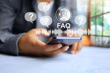 frequently asked question concept with customer using smart phone to question the chat bot for...