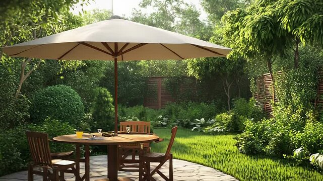 Garden furniture under parasol creating relaxing backyard atmosphere