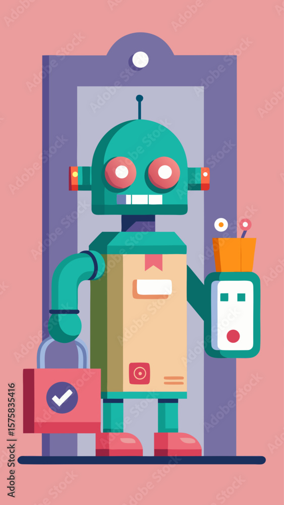 Poster a robot is standing in front of a store with a green bag. the robot is smiling and holding a green b