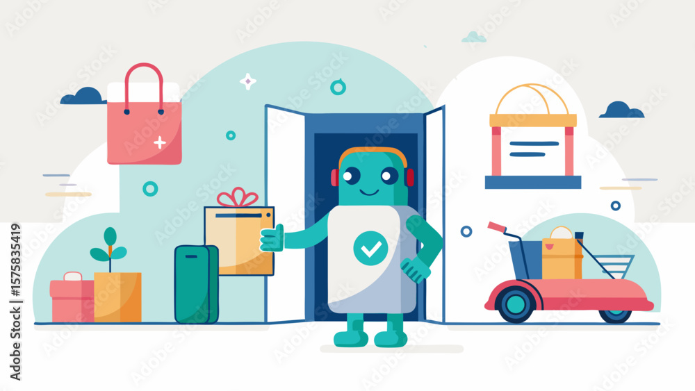 Poster a robot is standing in front of a store with a green bag. the robot is smiling and holding a green b