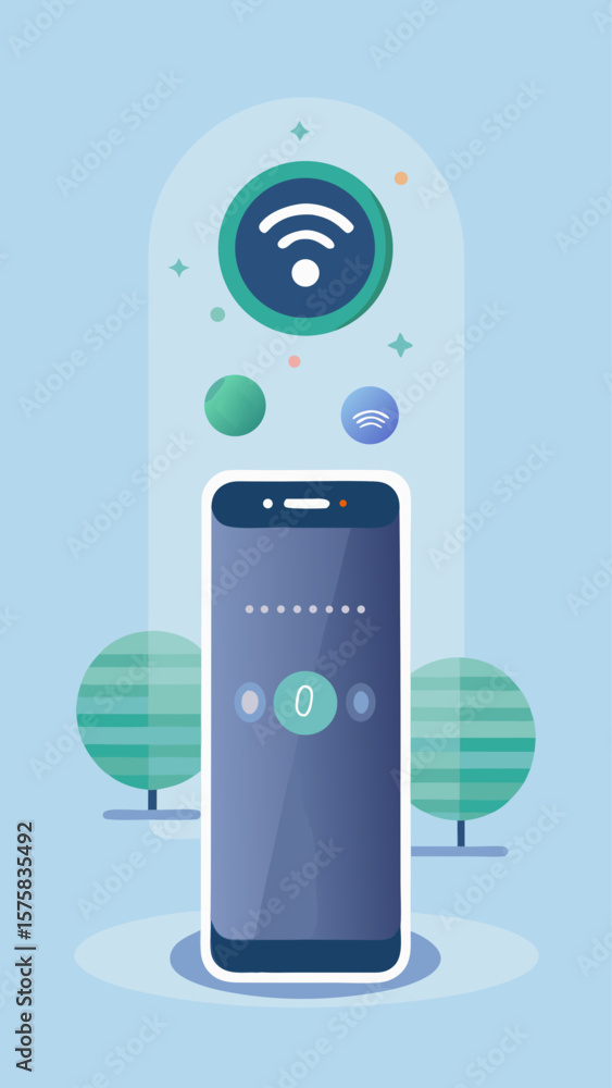 Poster a cell phone with a wifi symbol on it. the wifi symbol is surrounded by a circle. the background is 