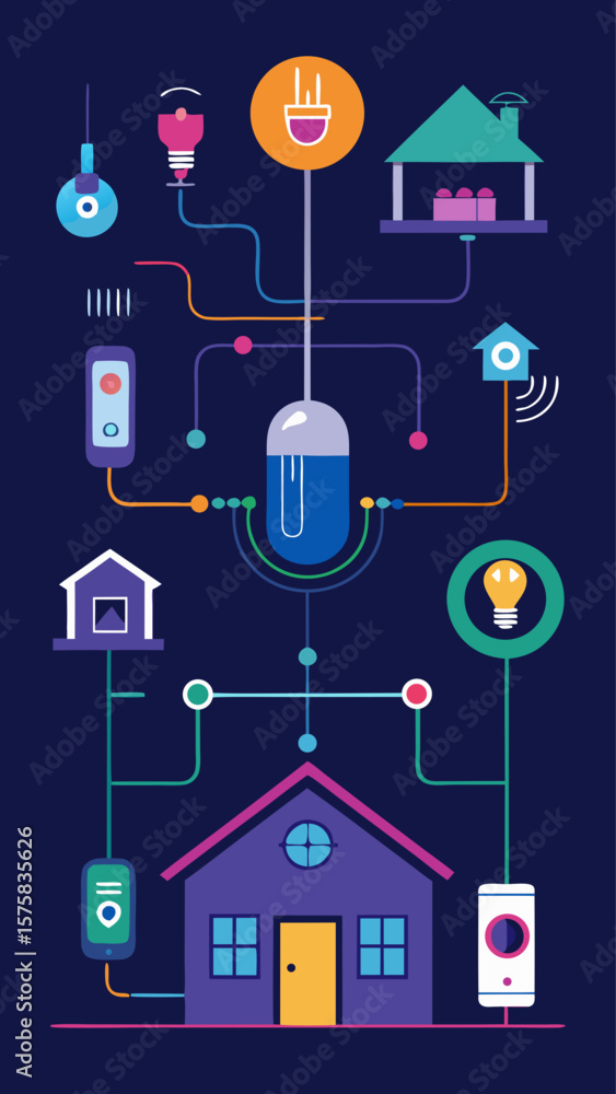 Poster a colorful graphic of various electronic devices and a light bulb, with a house in the middle. the i