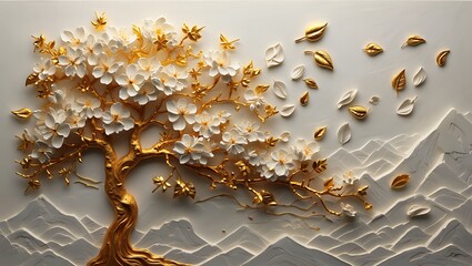 Golden Tree of Life with White Blossoms, A Luxurious Wall Art Design with Metallic Accents and Mountain Scenery