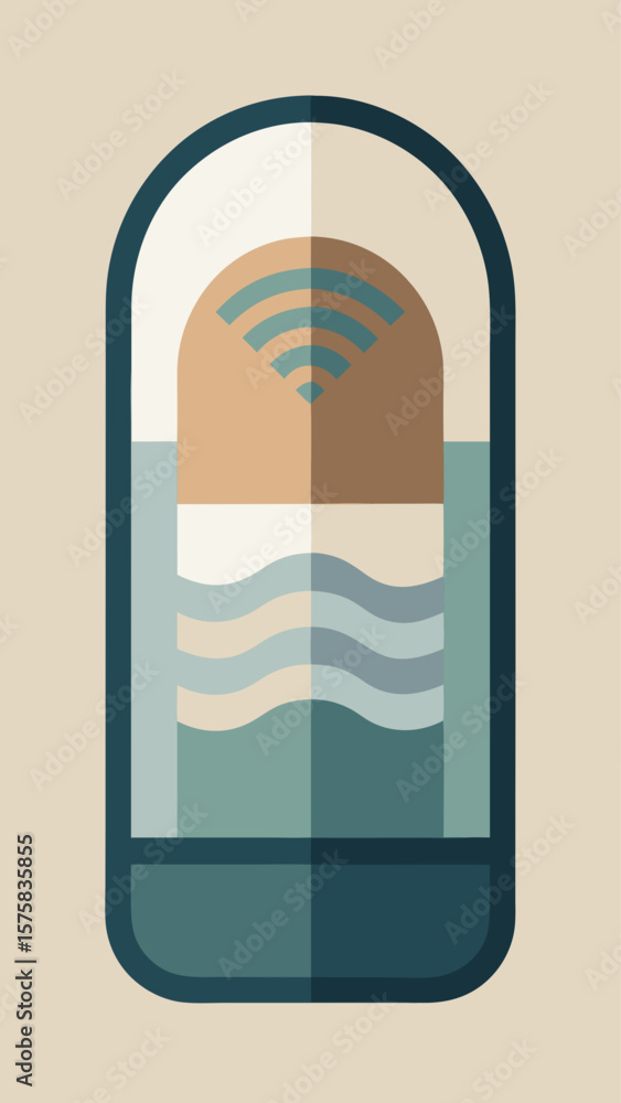 Poster a building with a window that has a blue and white design. the building is a modern design with a cl